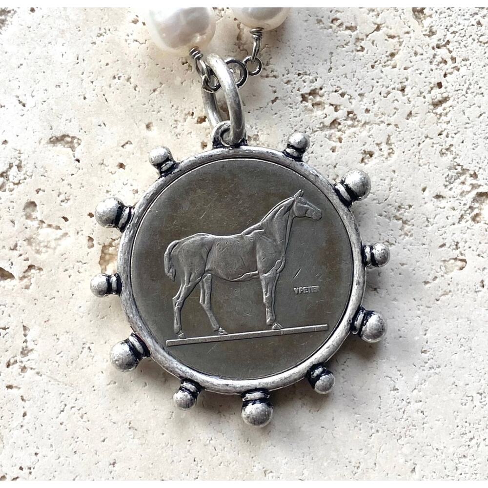 Equestrian Horse Coin Medallion Necklace, French Style